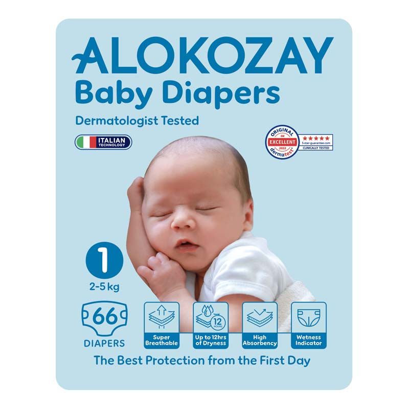 Alokozay Baby Diapers – Size 1 (2–5 kg) – 66 Diapers (Ultra Soft & Reliable for Newborns)