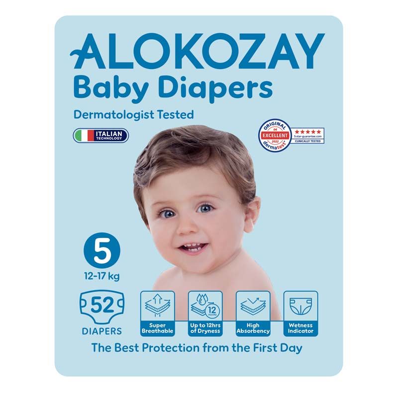 Alokozay Baby Diapers – Size 5 (12–17 kg) – 52 Diapers (Reliable Comfort for Active Toddlers)