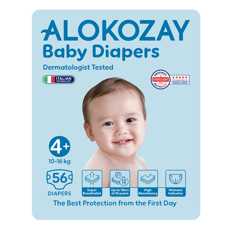 Alokozay Baby Diapers – Size 4+ (10–16 kg) – 56 Diapers (Extra Comfort for Growing Toddlers)